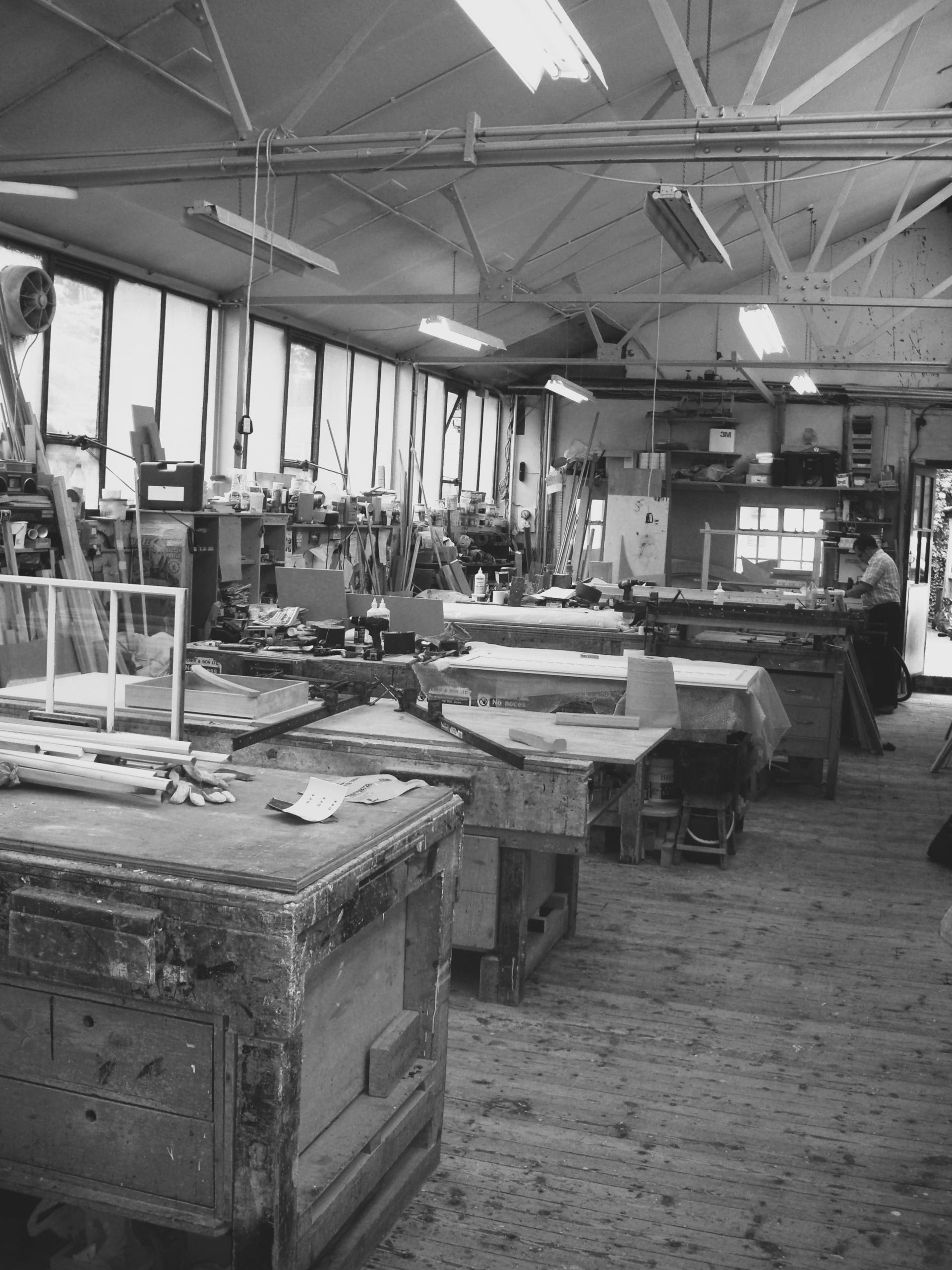Tavener Joinery workshop, black and white.